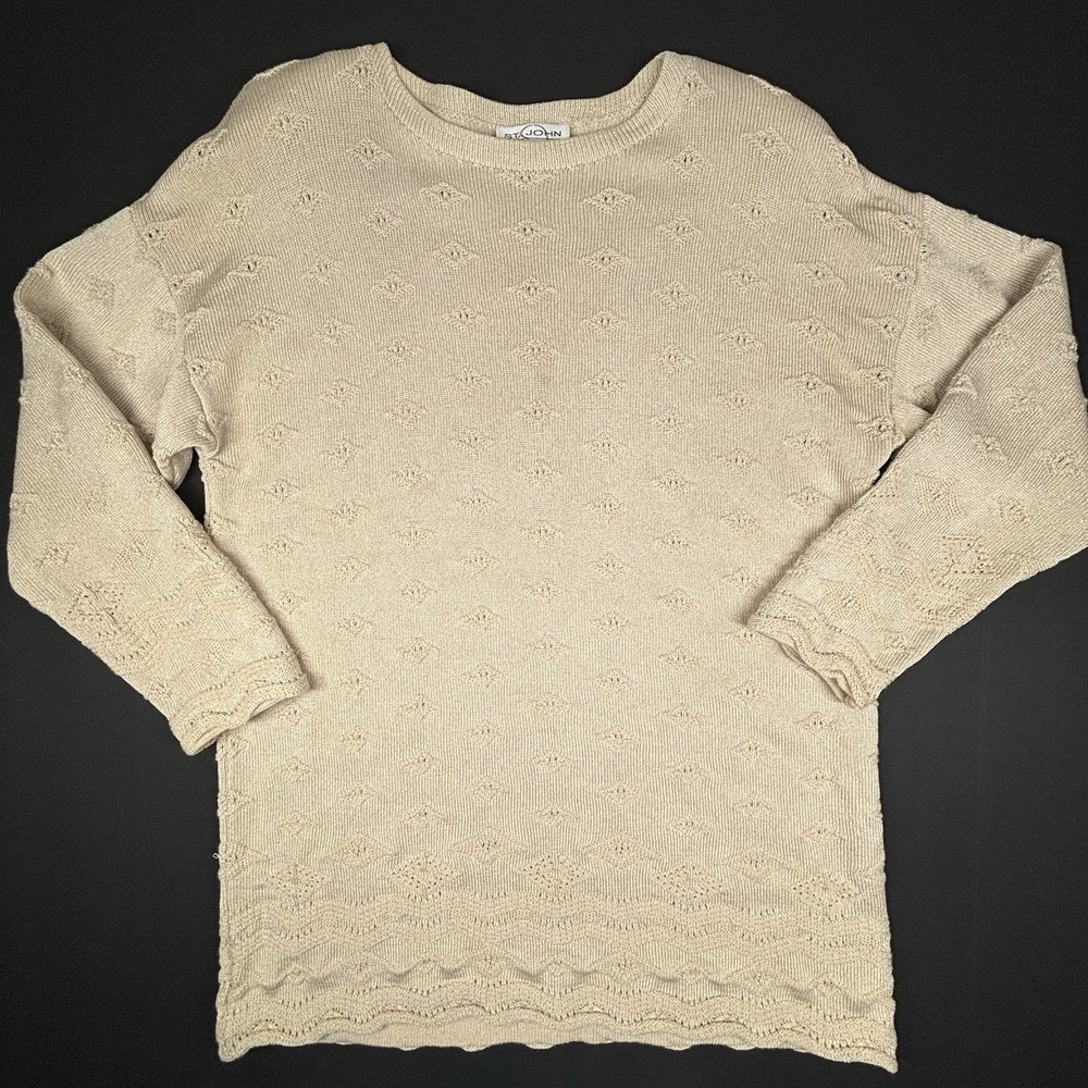 VTG 80s ST JOHN Sport Beige Knit Sweater Tunic Crochet Textured Large Classy GUC